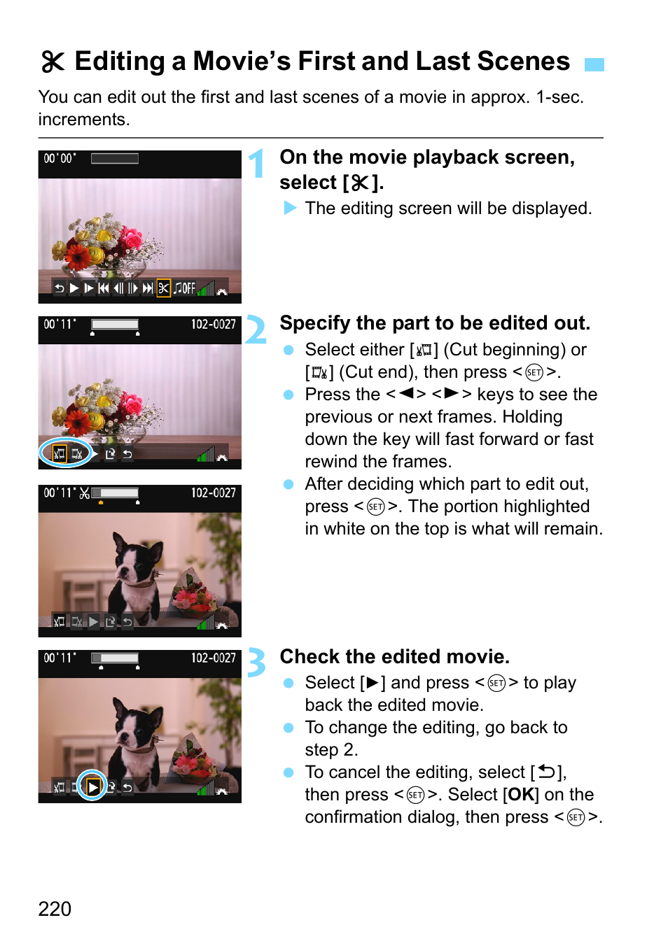 Editing a movie’s first and last scenes, P.220, Xediting a movie’s first and last scenes | Canon EOS 1300D User Manual | Page 220 / 326