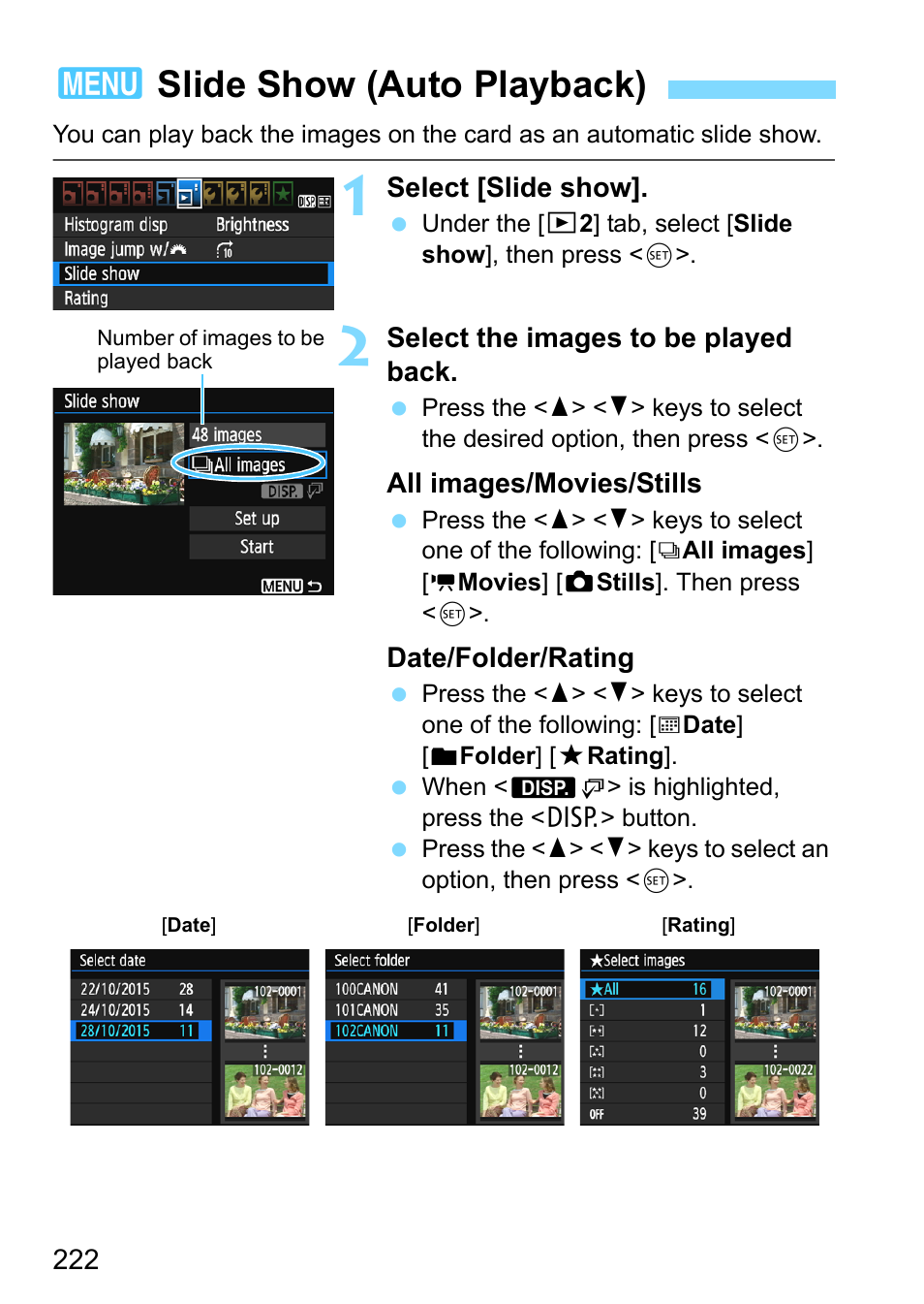 Slide show (auto playback), P.222, 3slide show (auto playback) | Canon EOS 1300D User Manual | Page 222 / 326