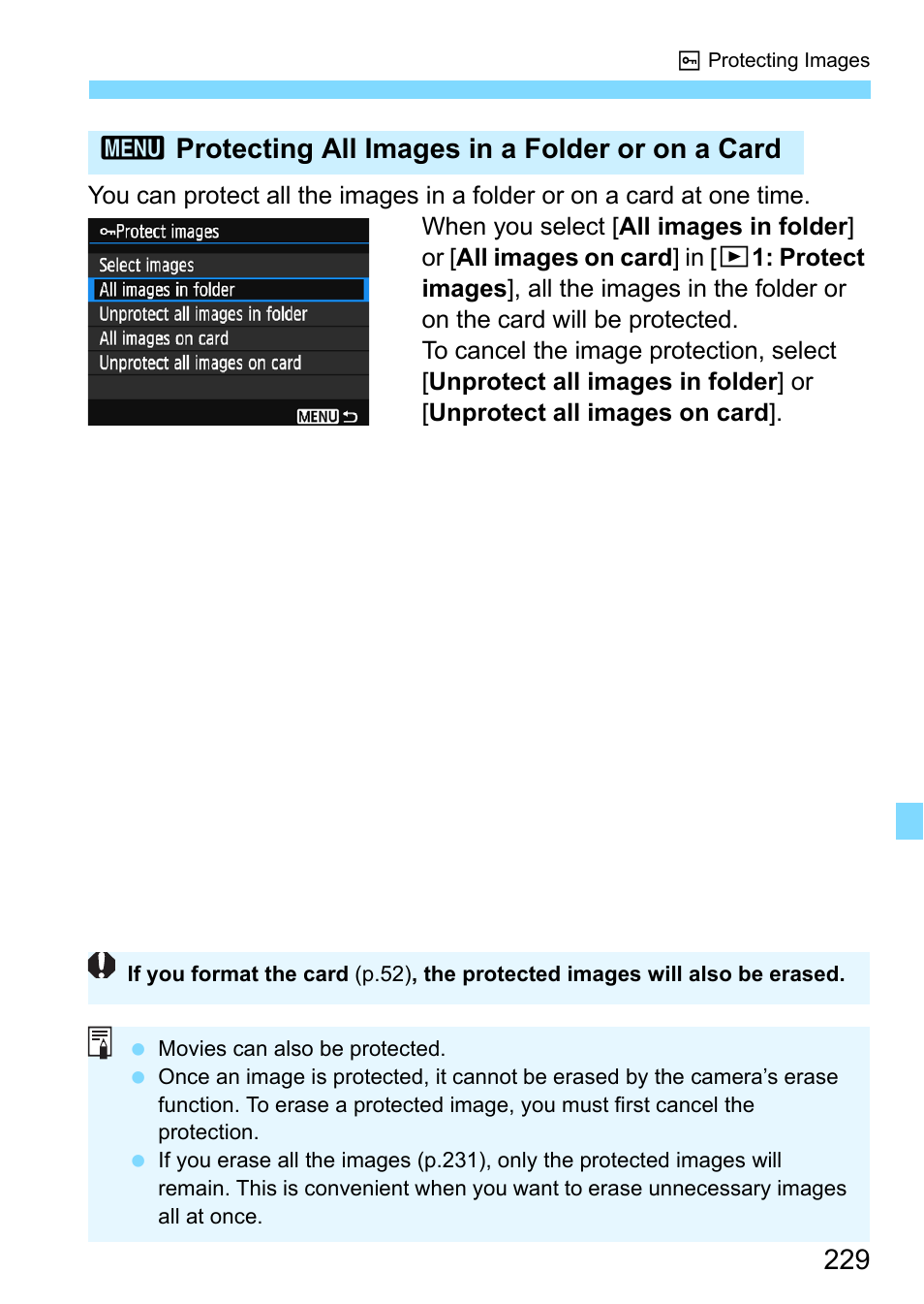 3protecting all images in a folder or on a card | Canon EOS 1300D User Manual | Page 229 / 326