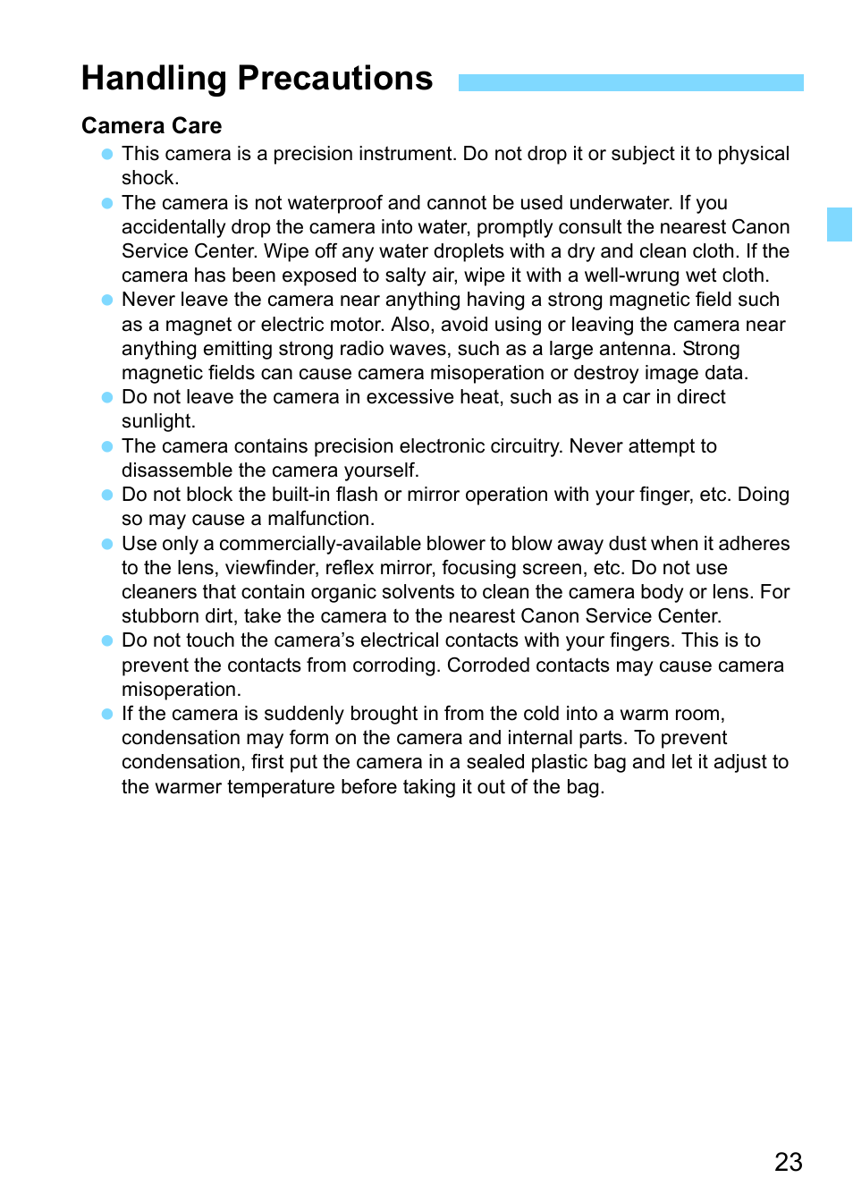 Handling precautions | Canon EOS 1300D User Manual | Page 23 / 326