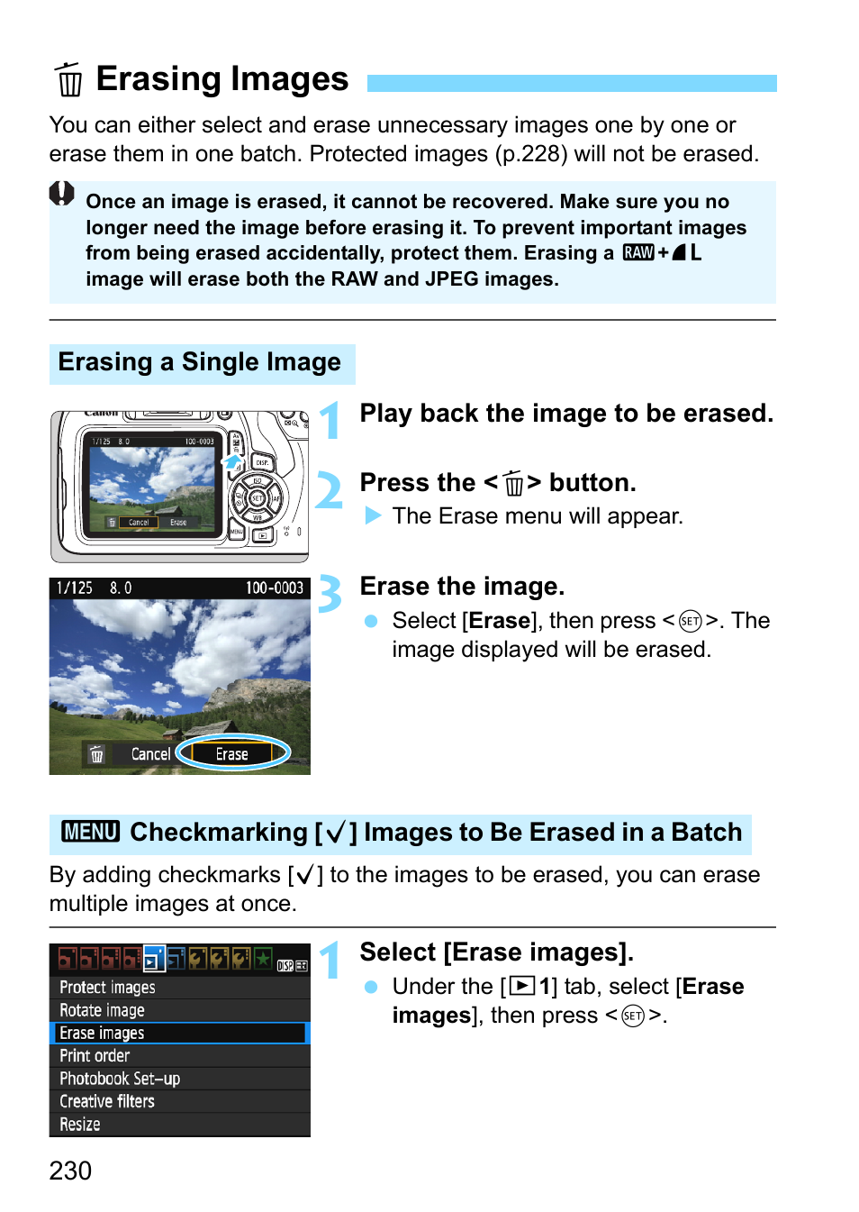 Erasing images, P.230, Lerasing images | Canon EOS 1300D User Manual | Page 230 / 326