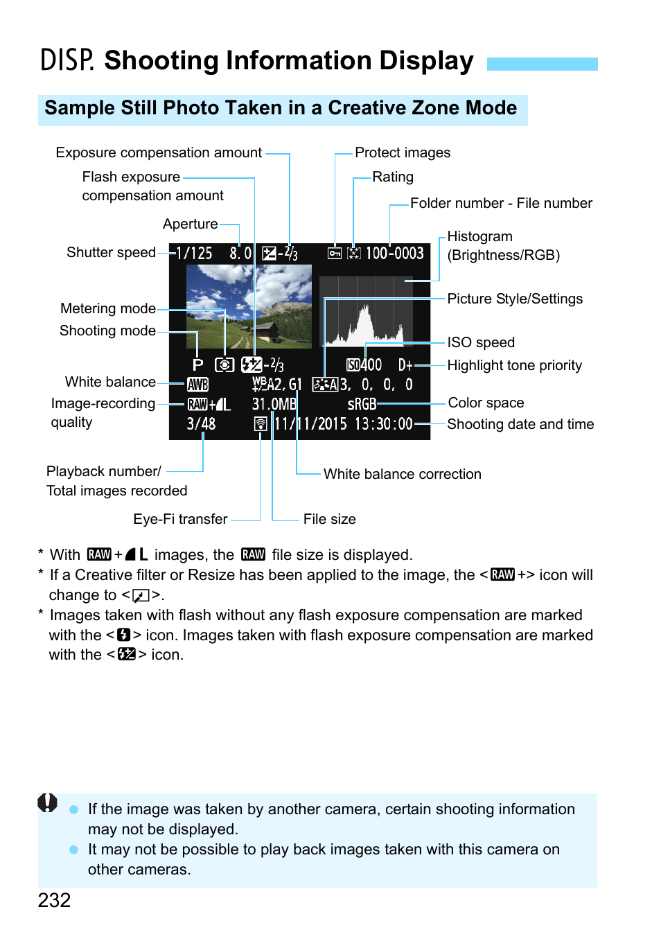 Shooting information display, Bshooting information display, Sample still photo taken in a creative zone mode | Canon EOS 1300D User Manual | Page 232 / 326