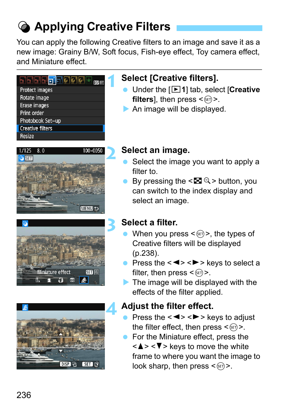Applying creative filters, P.236, Uapplying creative filters | Canon EOS 1300D User Manual | Page 236 / 326