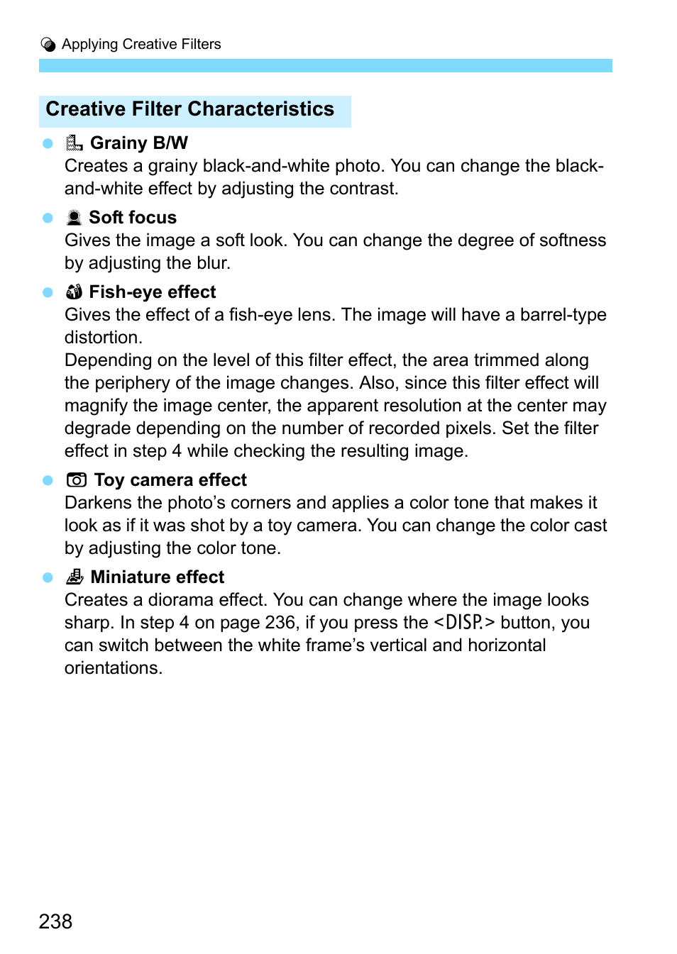 Creative filter characteristics | Canon EOS 1300D User Manual | Page 238 / 326