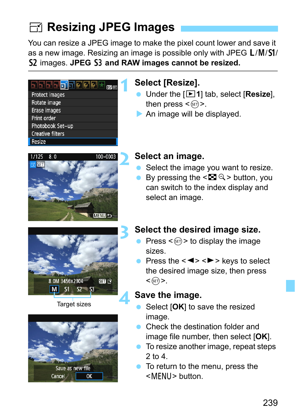 Resizing jpeg images, P.239, Sresizing jpeg images | Canon EOS 1300D User Manual | Page 239 / 326
