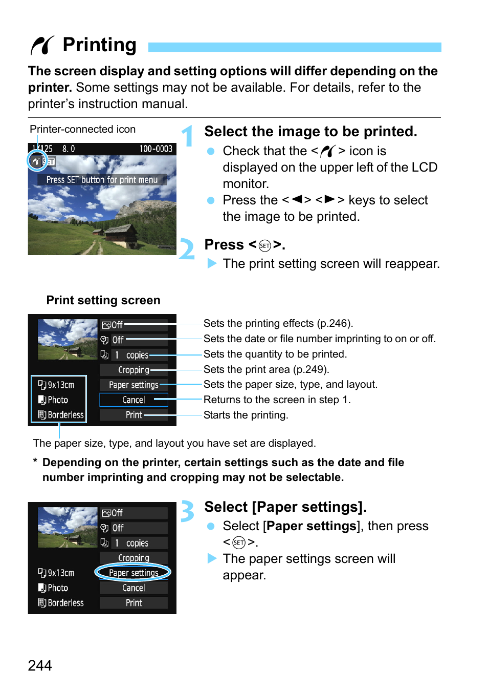 Printing, P.244, W printing | Canon EOS 1300D User Manual | Page 244 / 326