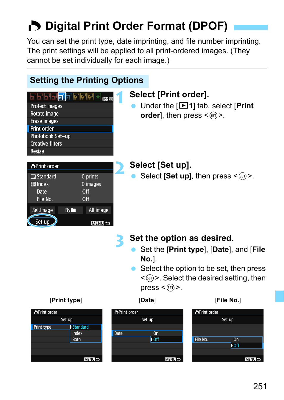 Digital print order format (dpof), P.251, W digital print order format (dpof) | Canon EOS 1300D User Manual | Page 251 / 326