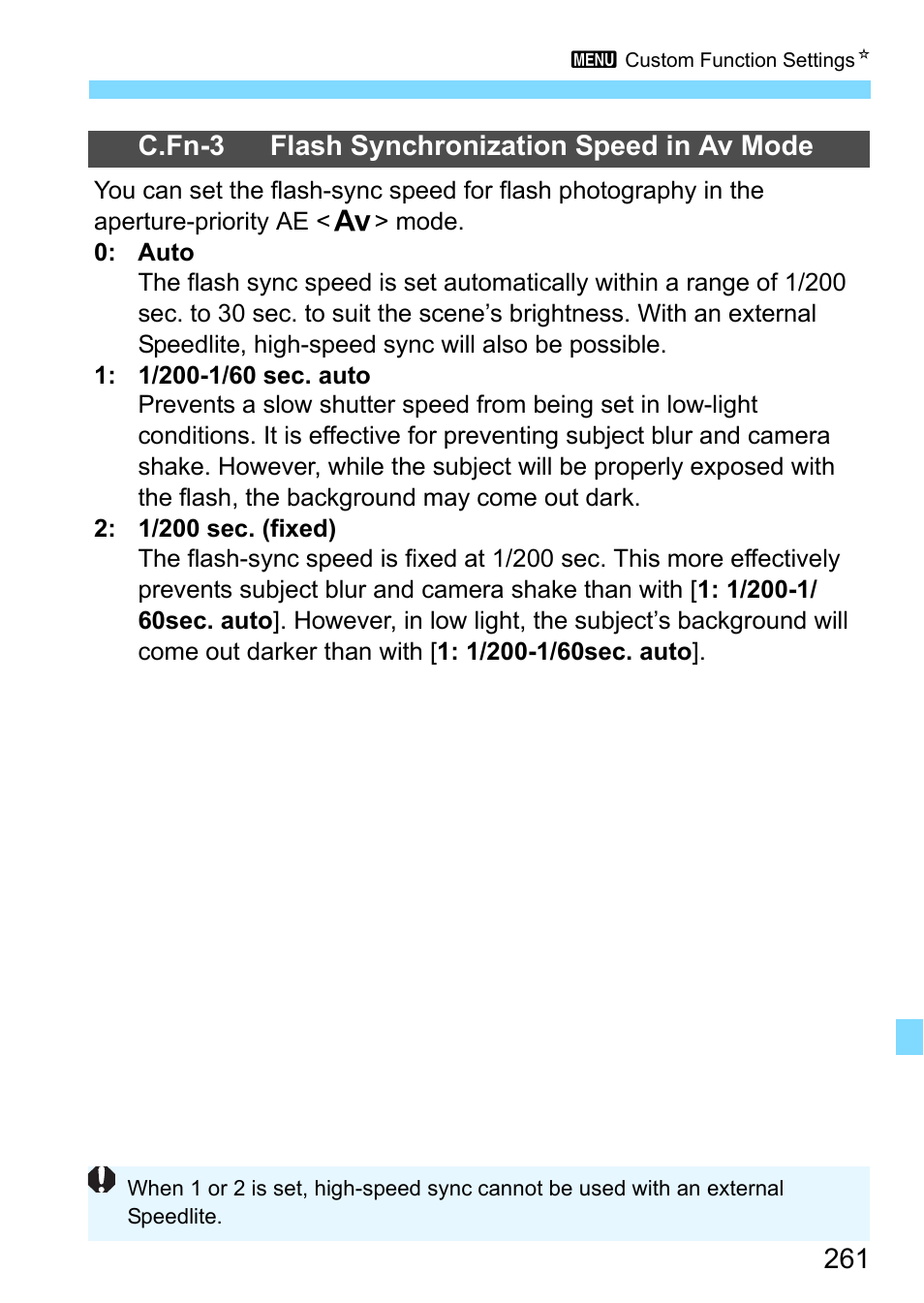 P.261, C.fn-3 flash synchronization speed in av mode | Canon EOS 1300D User Manual | Page 261 / 326
