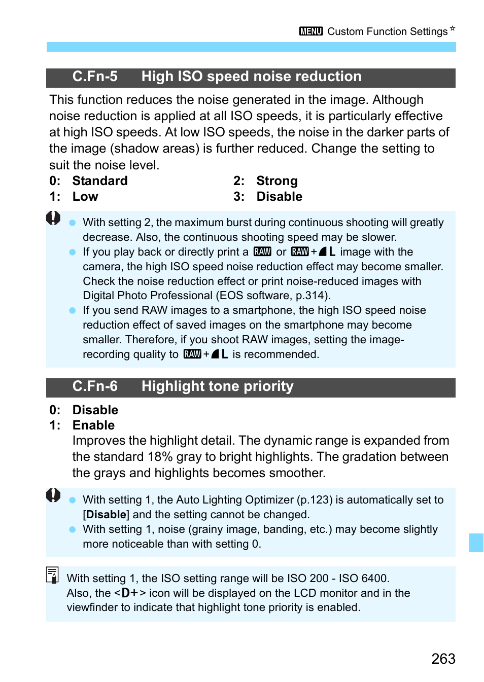 P.263), P.263, C.fn-5 high iso speed noise reduction | C.fn-6 highlight tone priority | Canon EOS 1300D User Manual | Page 263 / 326
