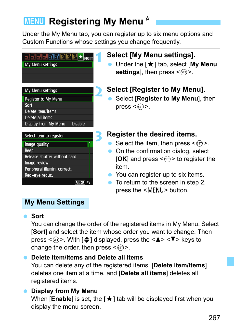 Registering my menu, P.267, 3registering my menu n | Canon EOS 1300D User Manual | Page 267 / 326