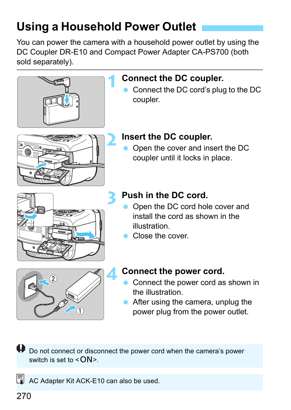 Using a household power outlet, P.270 | Canon EOS 1300D User Manual | Page 270 / 326