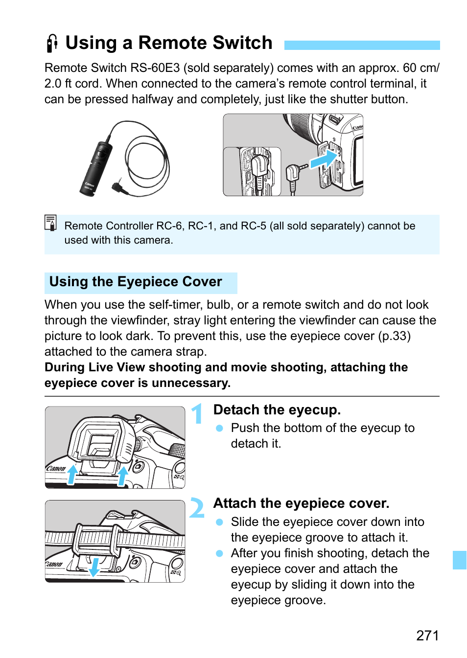 Using a remote switch, Fusing a remote switch | Canon EOS 1300D User Manual | Page 271 / 326