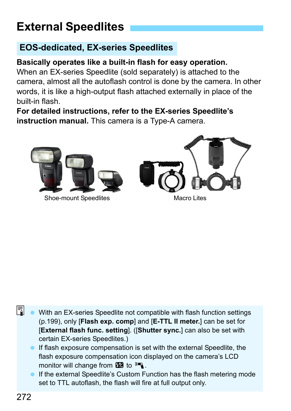 External speedlites, Eos-dedicated, ex-series speedlites | Canon EOS 1300D User Manual | Page 272 / 326