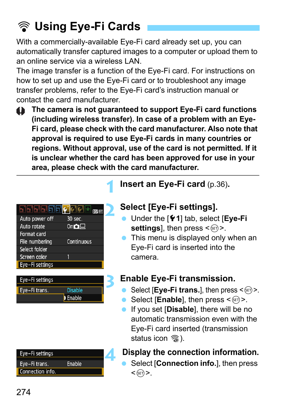 Using eye-fi cards, Husing eye-fi cards | Canon EOS 1300D User Manual | Page 274 / 326