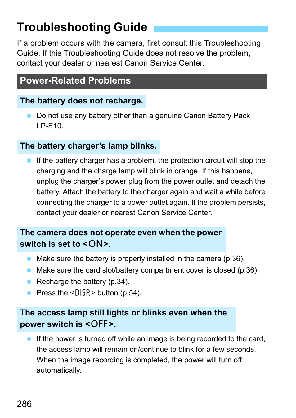 Troubleshooting guide, Power-related problems | Canon EOS 1300D User Manual | Page 286 / 326