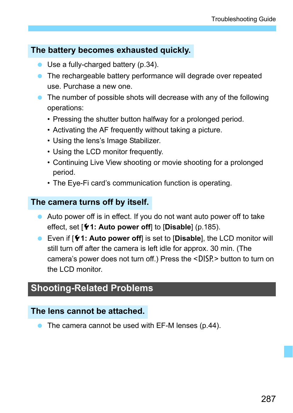 Shooting-related problems | Canon EOS 1300D User Manual | Page 287 / 326