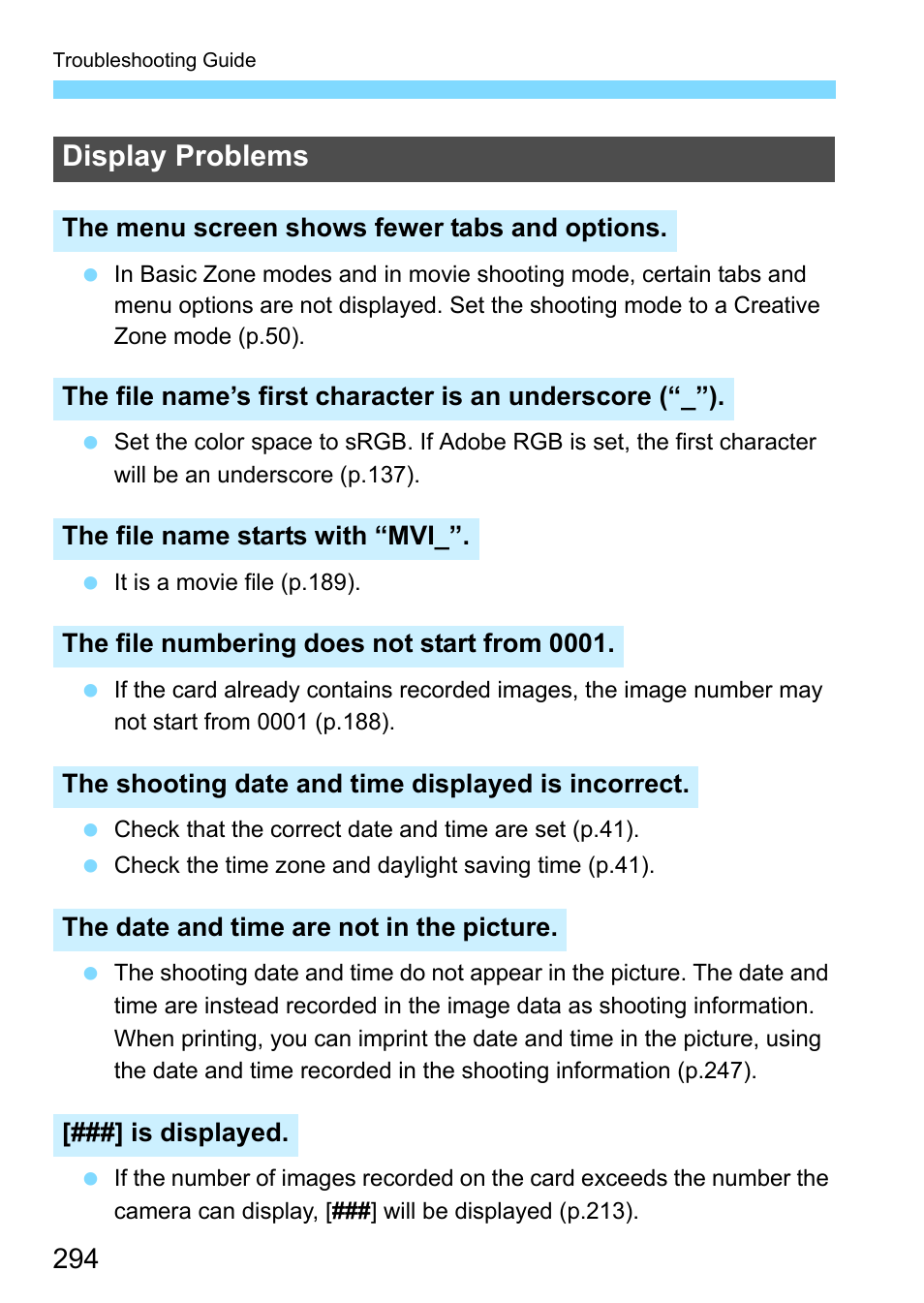 Display problems | Canon EOS 1300D User Manual | Page 294 / 326