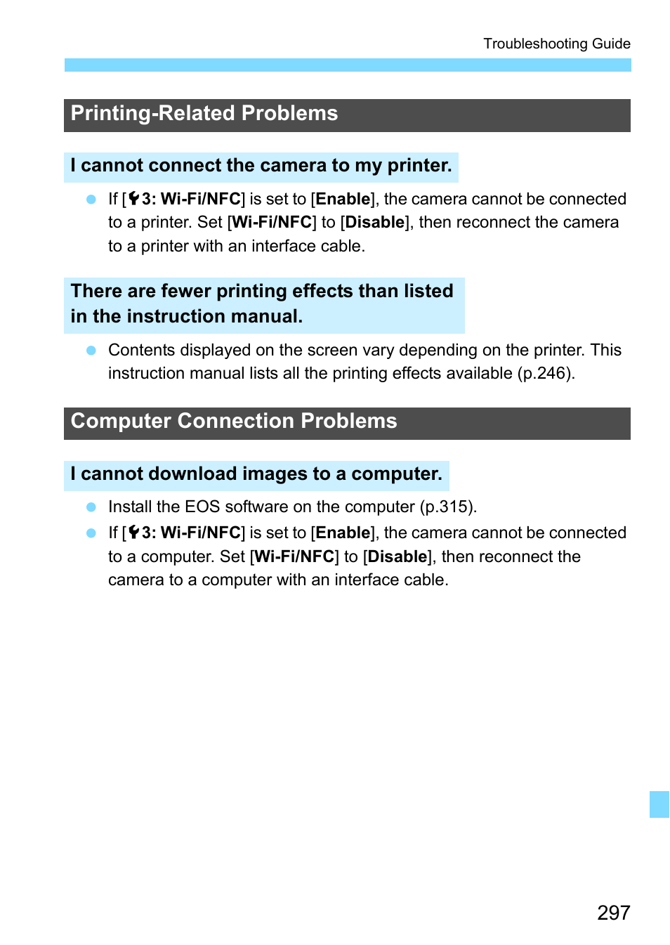 Printing-related problems, Computer connection problems | Canon EOS 1300D User Manual | Page 297 / 326
