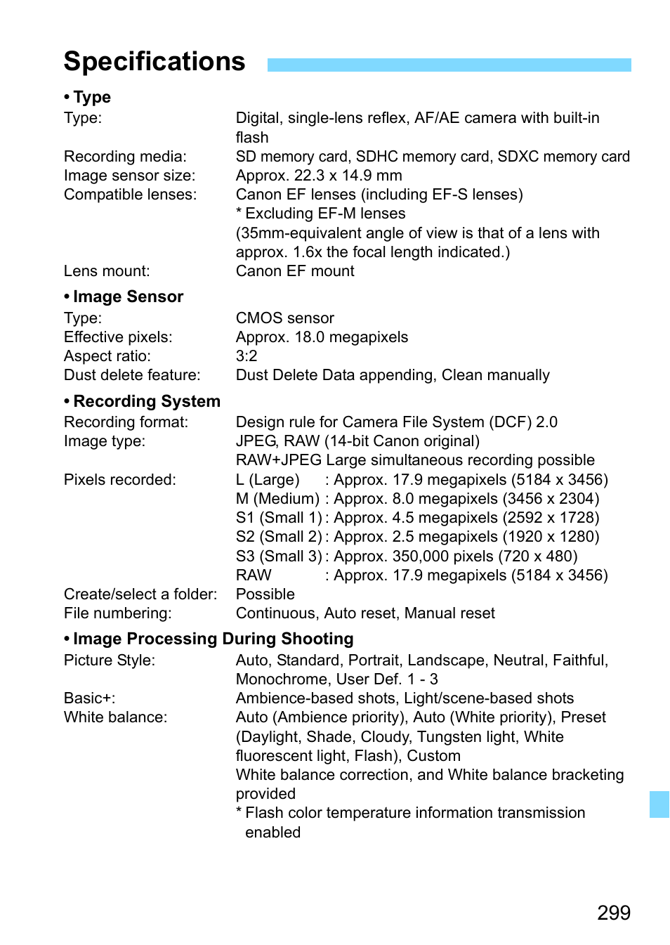 Specifications | Canon EOS 1300D User Manual | Page 299 / 326