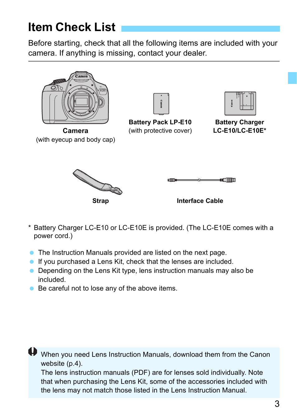 Item check list | Canon EOS 1300D User Manual | Page 3 / 326