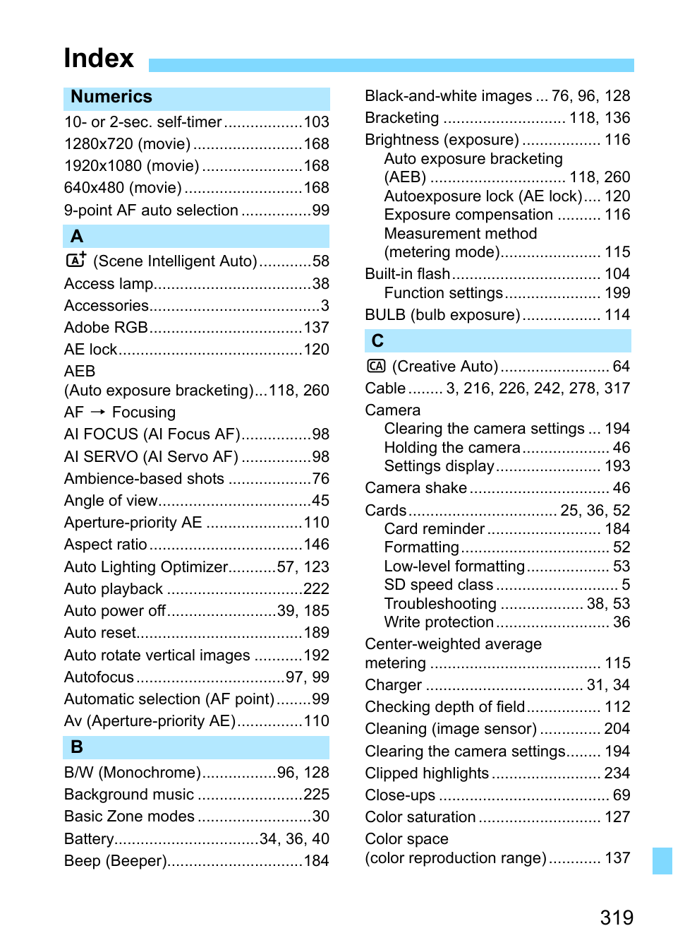 Index | Canon EOS 1300D User Manual | Page 319 / 326