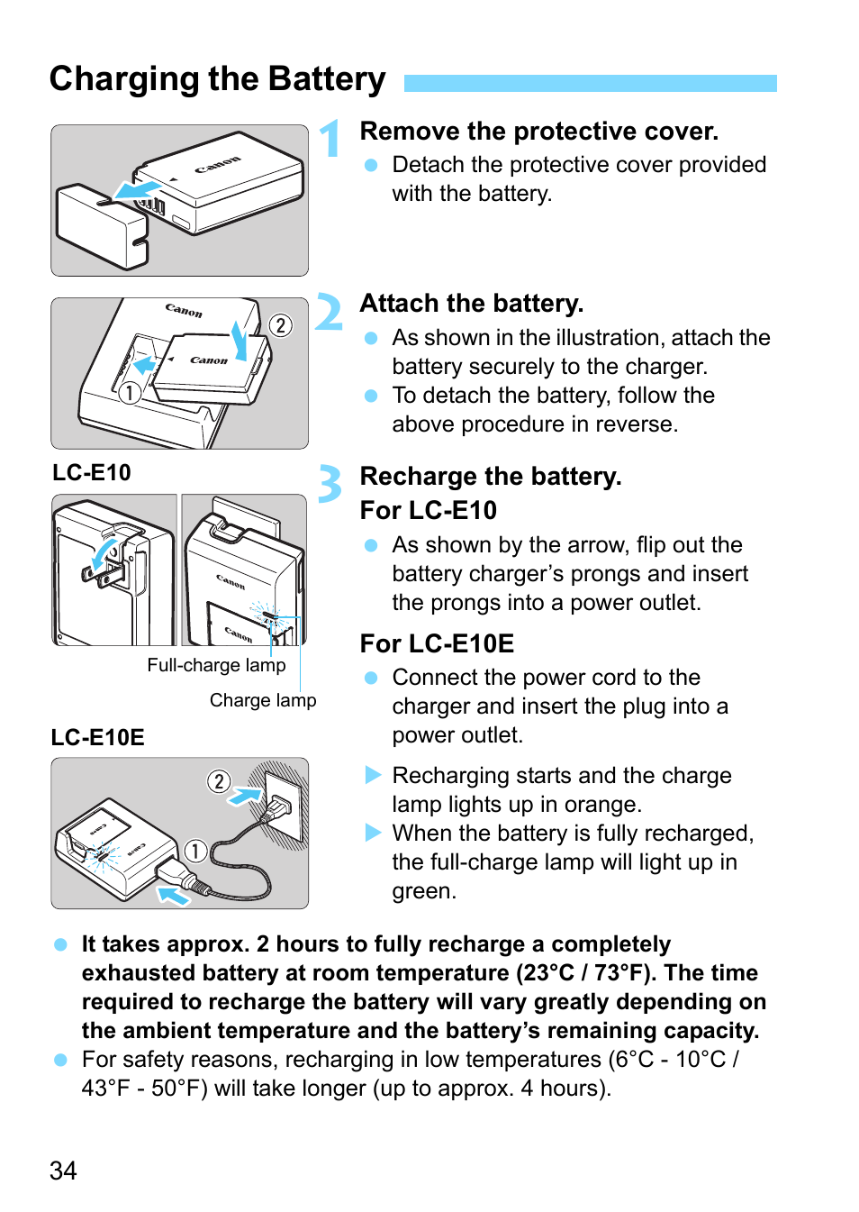 Charging the battery, P.34 | Canon EOS 1300D User Manual | Page 34 / 326