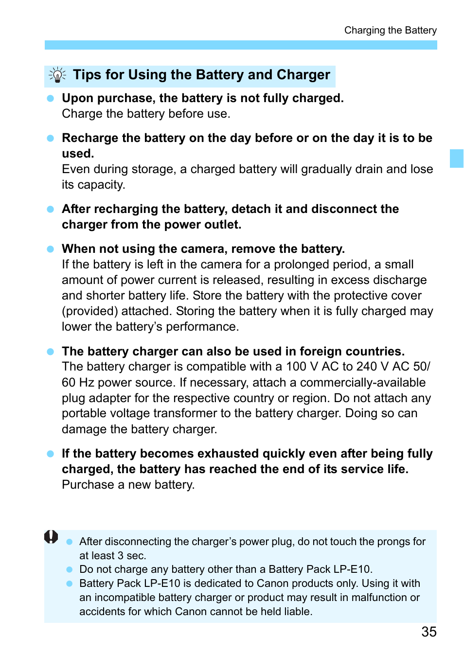 Tips for using the battery and charger | Canon EOS 1300D User Manual | Page 35 / 326