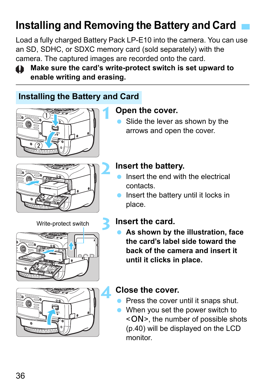 Installing and removing the battery and card, P.36 | Canon EOS 1300D User Manual | Page 36 / 326