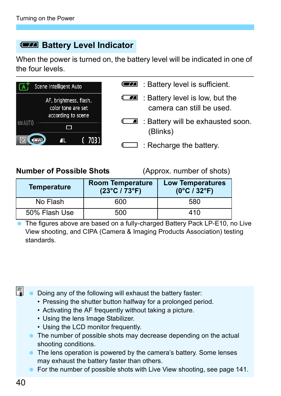 P.40, Zbattery level indicator | Canon EOS 1300D User Manual | Page 40 / 326