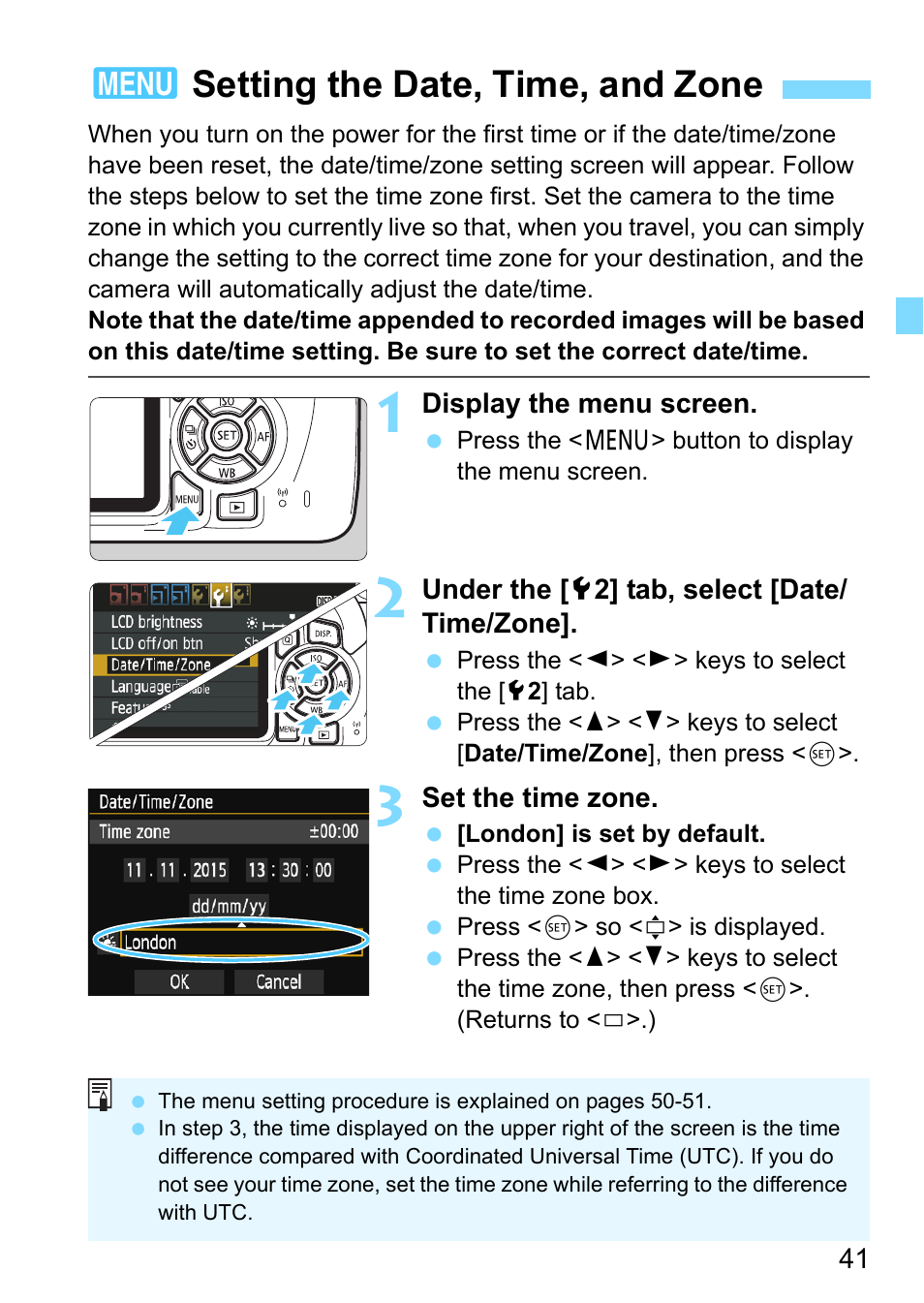 Setting the date, time, and zone, 3setting the date, time, and zone | Canon EOS 1300D User Manual | Page 41 / 326