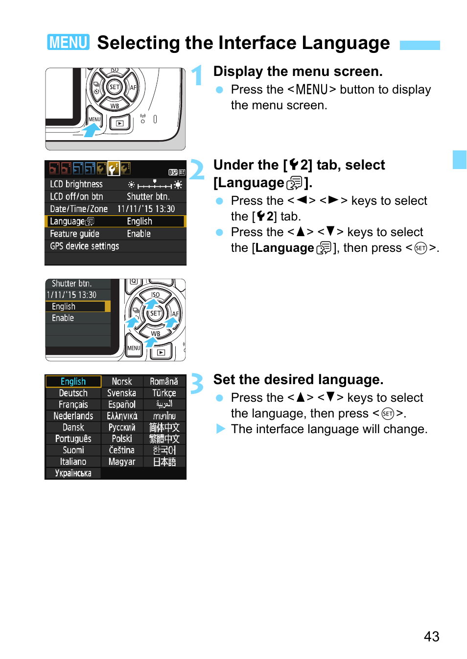 Selecting the interface language, 3selecting the interface language | Canon EOS 1300D User Manual | Page 43 / 326