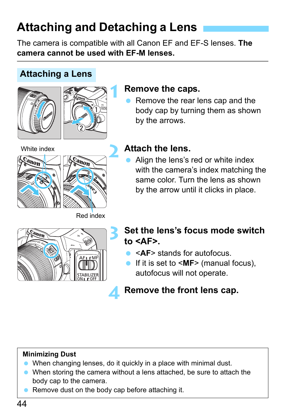 Attaching and detaching a lens, P.44 | Canon EOS 1300D User Manual | Page 44 / 326