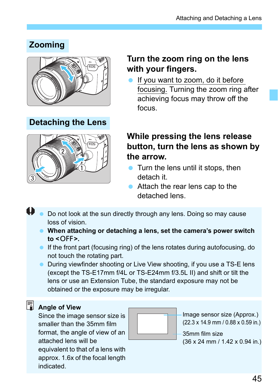 Turn the zoom ring on the lens with your fingers, Zooming detaching the lens | Canon EOS 1300D User Manual | Page 45 / 326