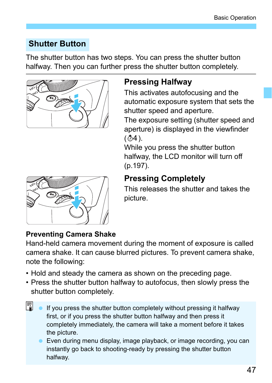 P.47), Pressing halfway, Pressing completely | Shutter button | Canon EOS 1300D User Manual | Page 47 / 326