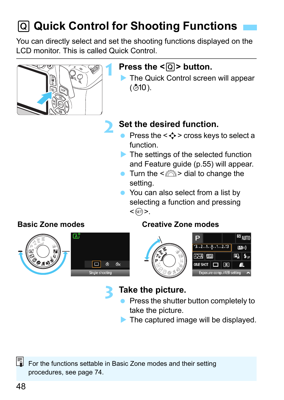 Quick control for shooting functions, P.48, Qquick control for shooting functions | Canon EOS 1300D User Manual | Page 48 / 326