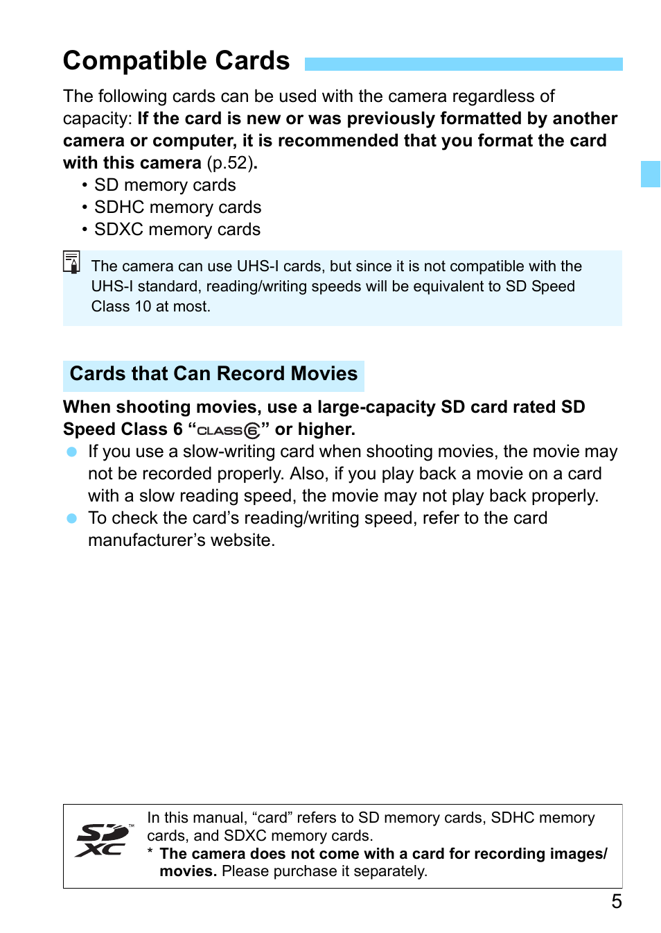 Compatible cards | Canon EOS 1300D User Manual | Page 5 / 326