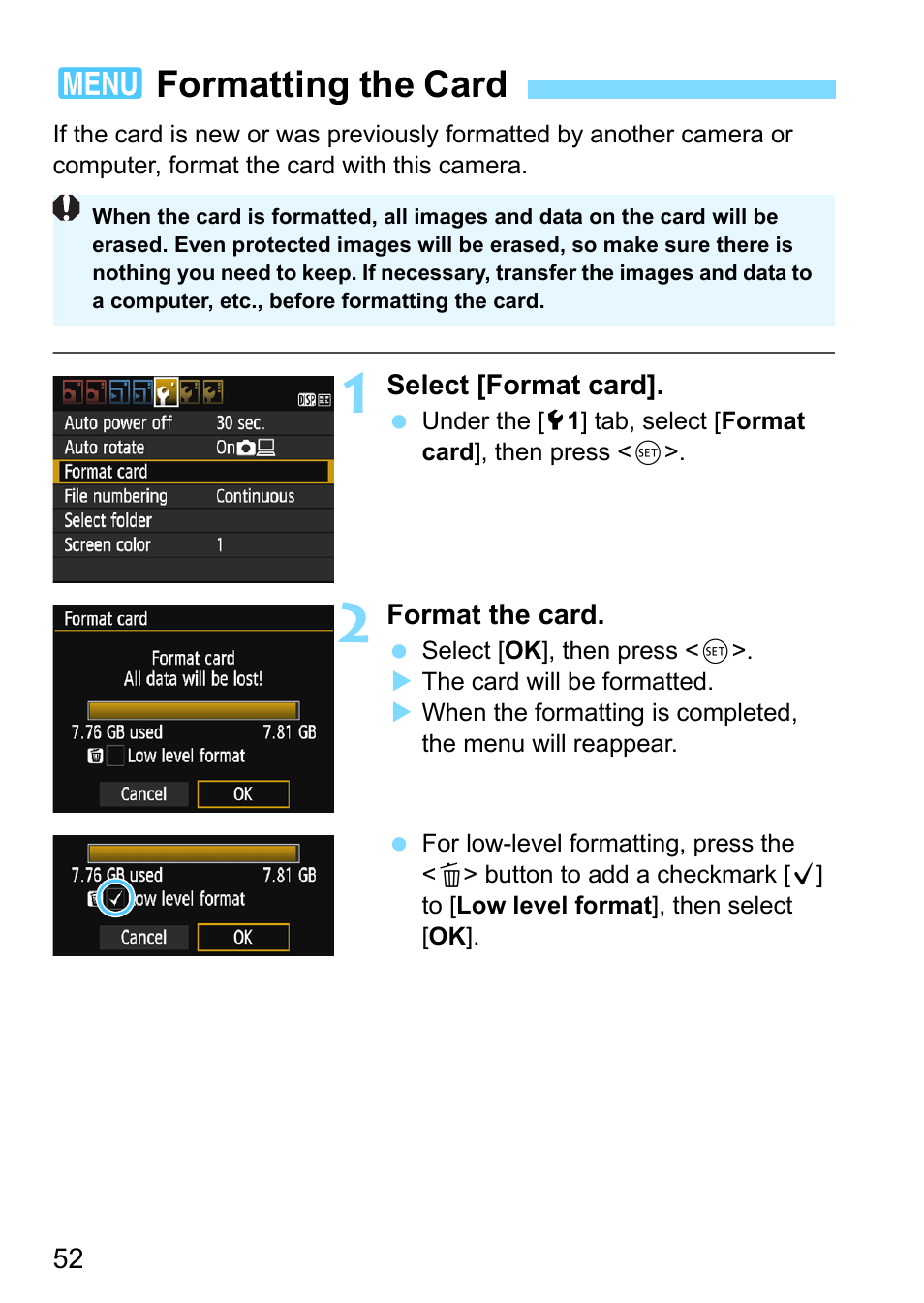 Formatting the card, 3formatting the card | Canon EOS 1300D User Manual | Page 52 / 326