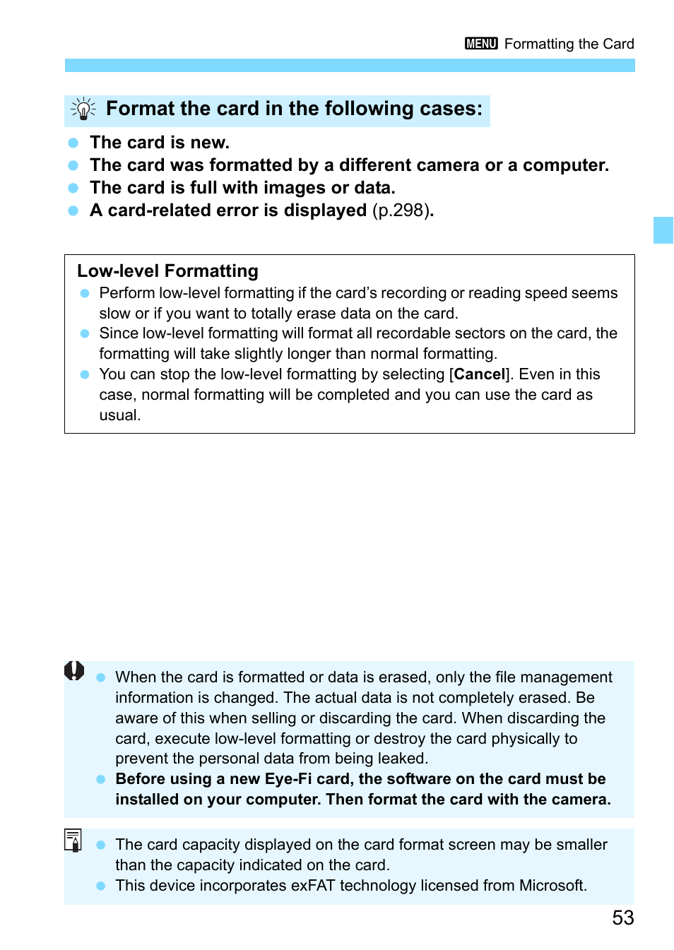 Format the card in the following cases | Canon EOS 1300D User Manual | Page 53 / 326