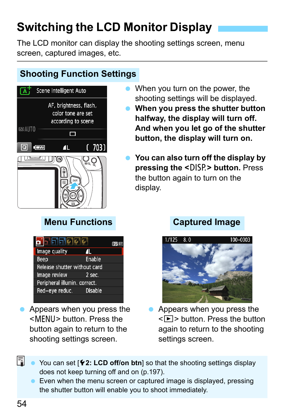 Switching the lcd monitor display, P.54 | Canon EOS 1300D User Manual | Page 54 / 326