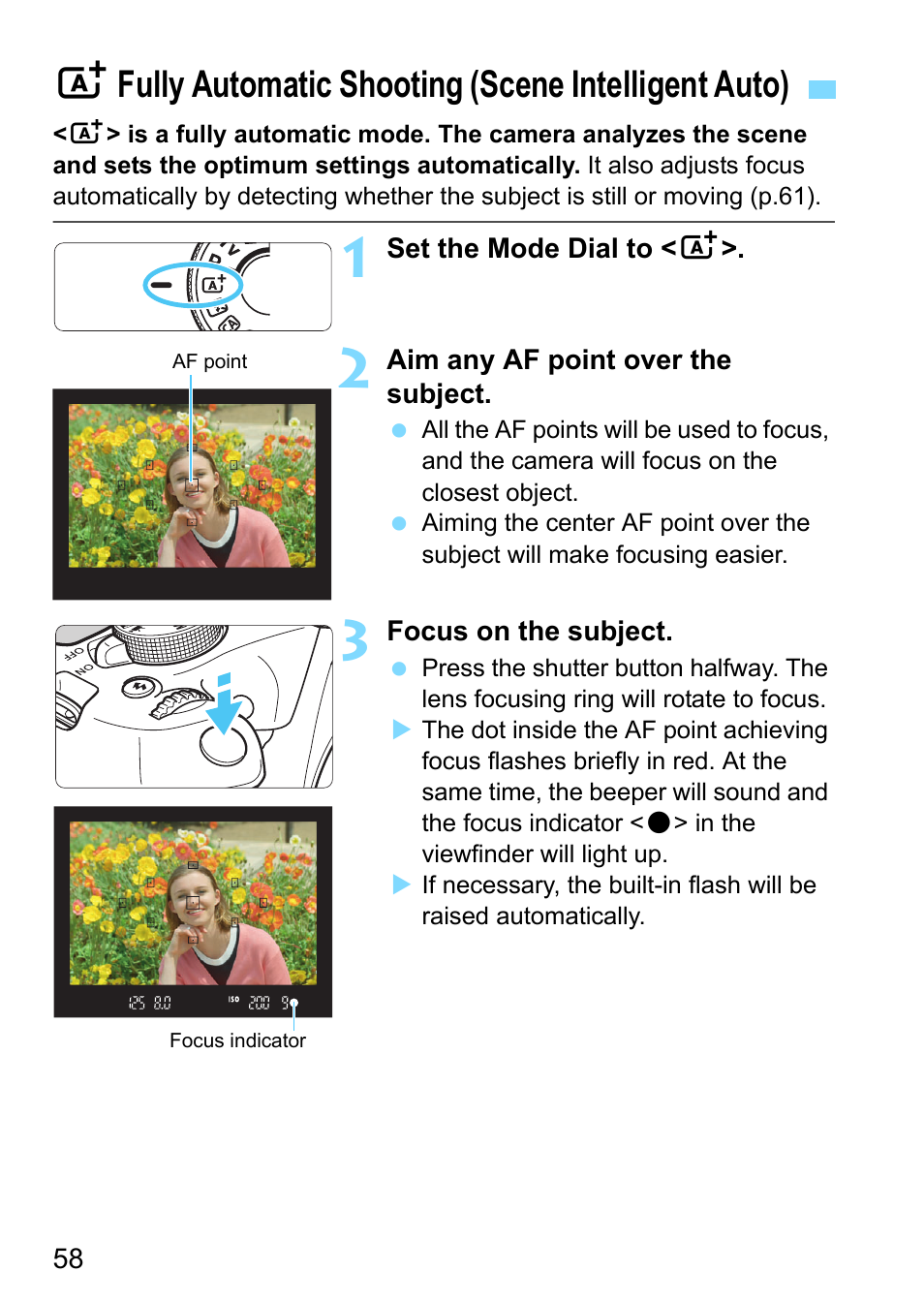 Fully automatic shooting (scene intelligent auto), P.58, P.58) | Afully automatic shooting (scene intelligent auto) | Canon EOS 1300D User Manual | Page 58 / 326