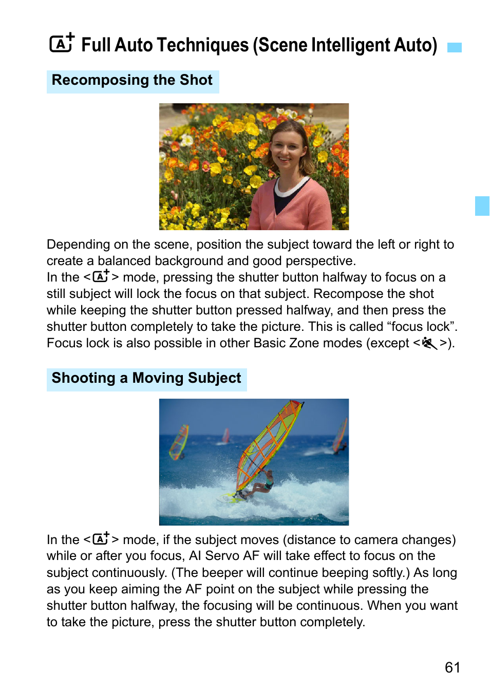 Full auto techniques (scene intelligent auto), Afull auto techniques (scene intelligent auto) | Canon EOS 1300D User Manual | Page 61 / 326