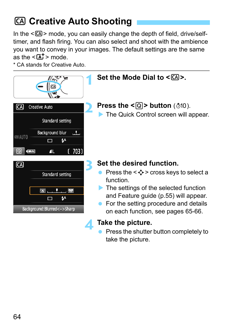 Creative auto shooting, P.64, Ccreative auto shooting | Canon EOS 1300D User Manual | Page 64 / 326