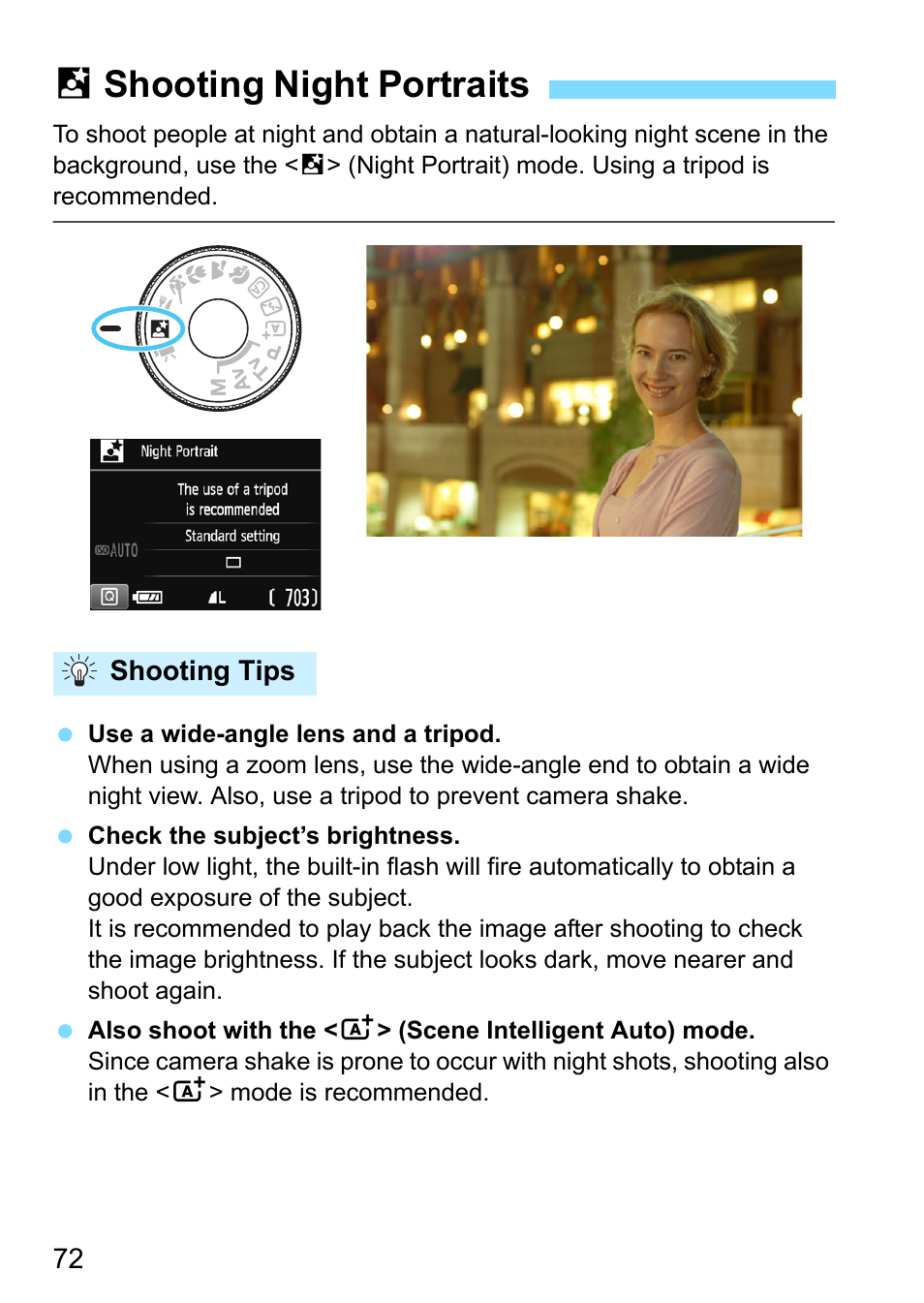 Shooting night portraits, Ait (p.72), 6shooting night portraits | Canon EOS 1300D User Manual | Page 72 / 326
