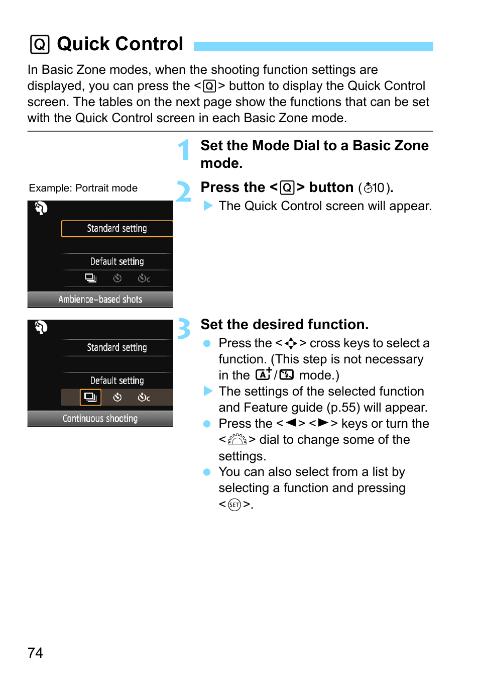 Quick control, Qquick control | Canon EOS 1300D User Manual | Page 74 / 326