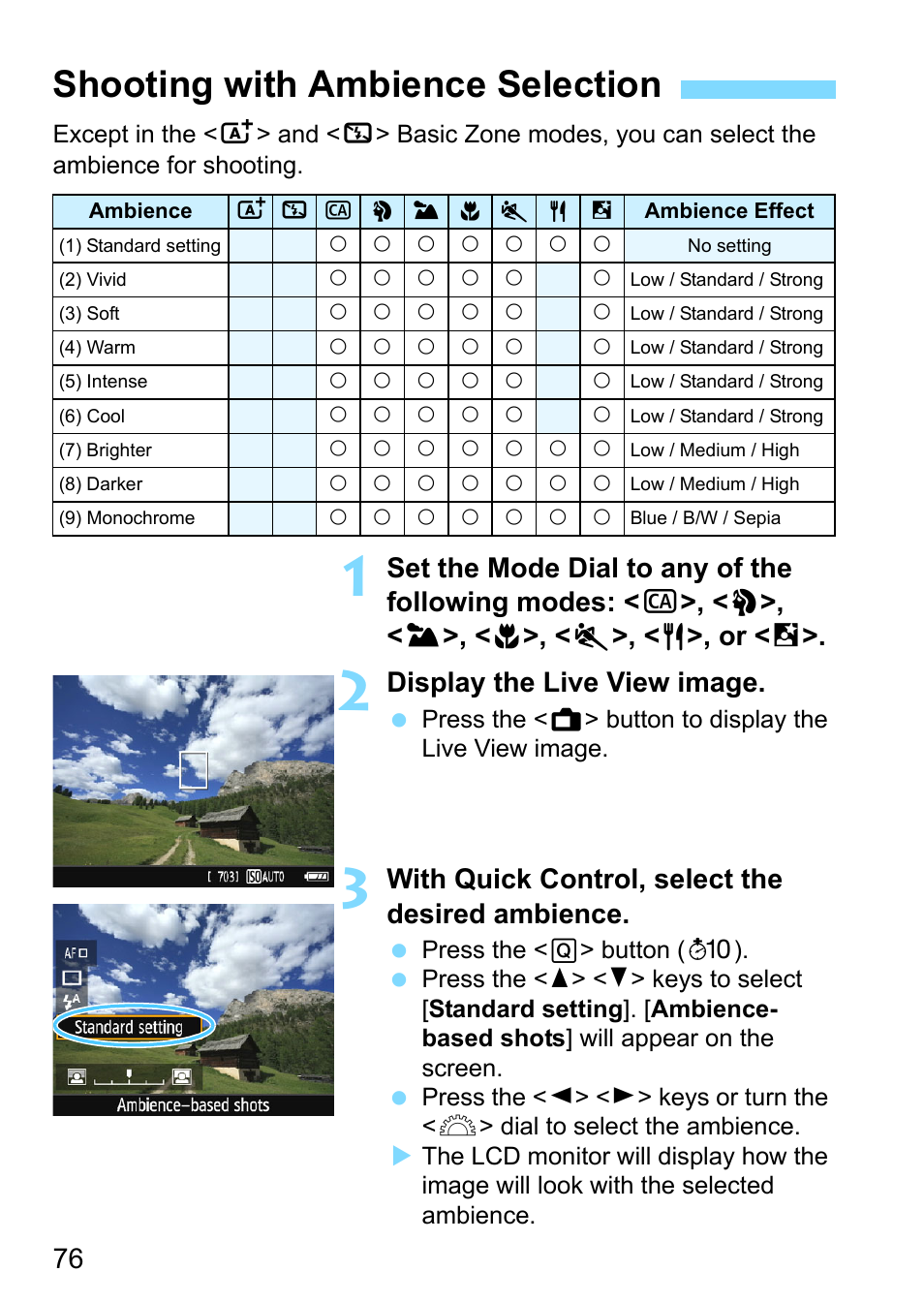 Shooting with ambience selection, Display the live view image, With quick control, select the desired ambience | Canon EOS 1300D User Manual | Page 76 / 326