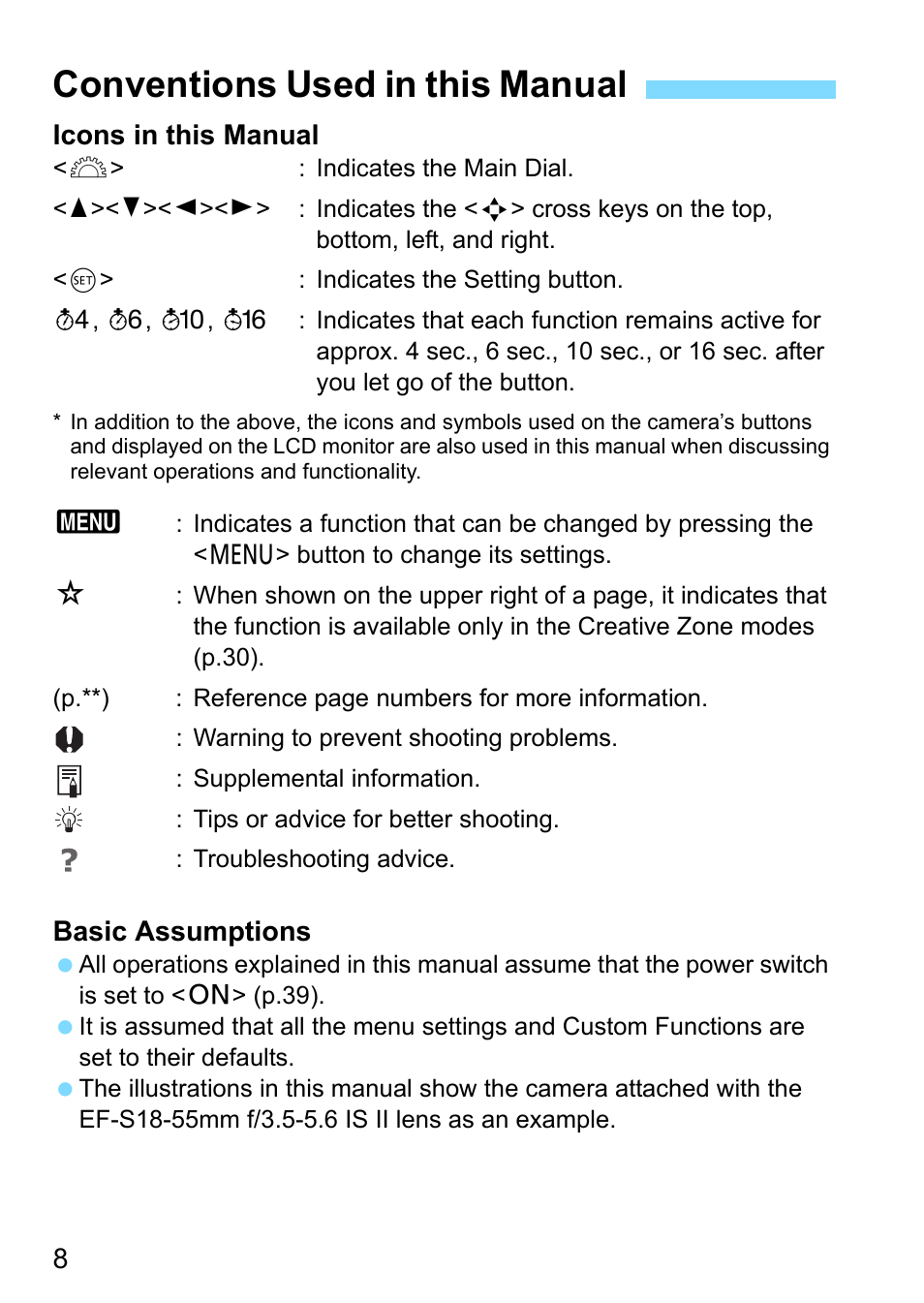 Conventions used in this manual | Canon EOS 1300D User Manual | Page 8 / 326