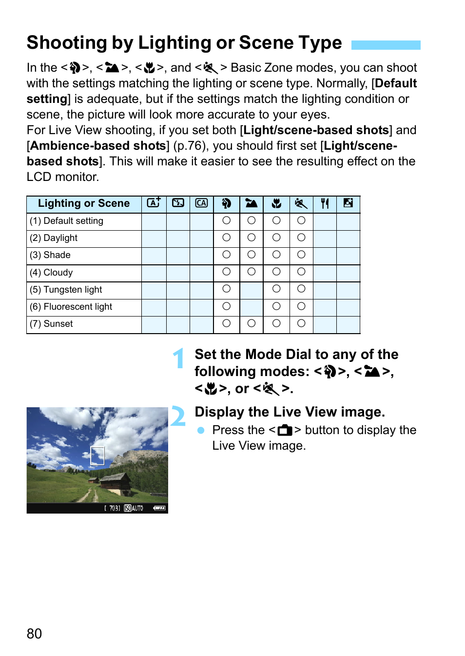 Shooting by lighting or scene type, Display the live view image | Canon EOS 1300D User Manual | Page 80 / 326