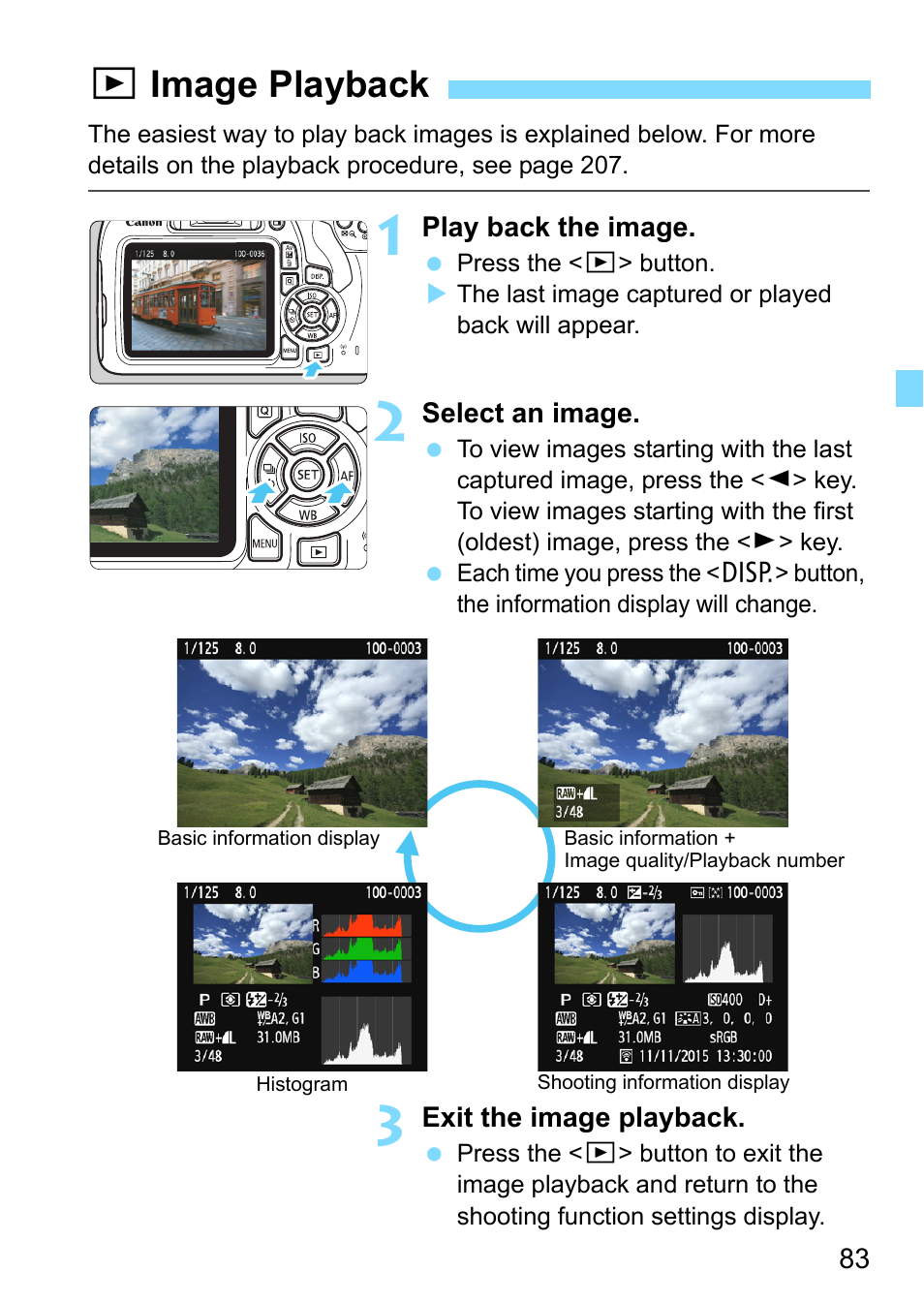 Image playback, Tton (p.83), P.83 | Ximage playback | Canon EOS 1300D User Manual | Page 83 / 326
