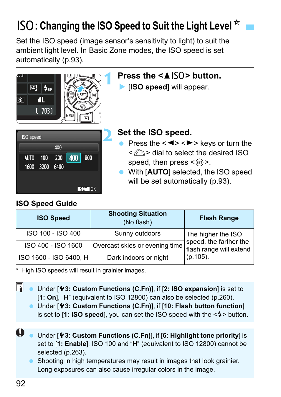 Changing the iso speed to suit the light level, P.92, Ed (p.92) | Canon EOS 1300D User Manual | Page 92 / 326