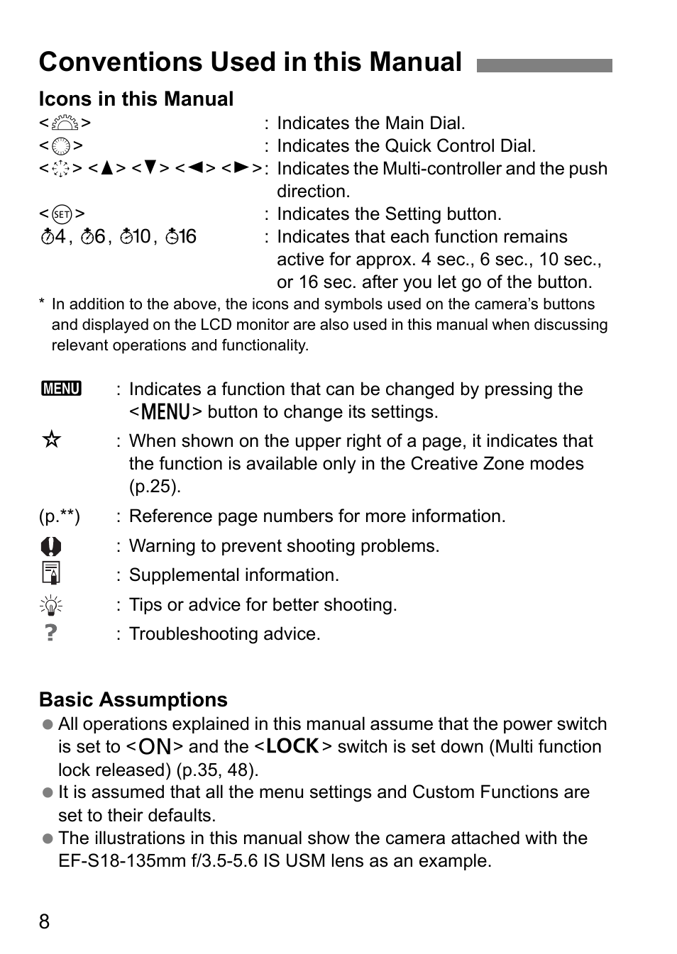 Conventions used in this manual | Canon EOS 80D User Manual | Page 10 / 308